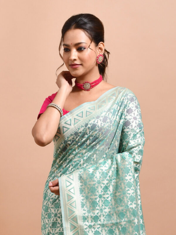 Sea Green Geometric Design Banaras Kora Silk Saree - Image 5