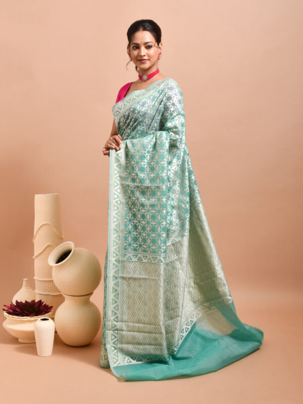 Sea Green Geometric Design Banaras Kora Silk Saree - Image 4