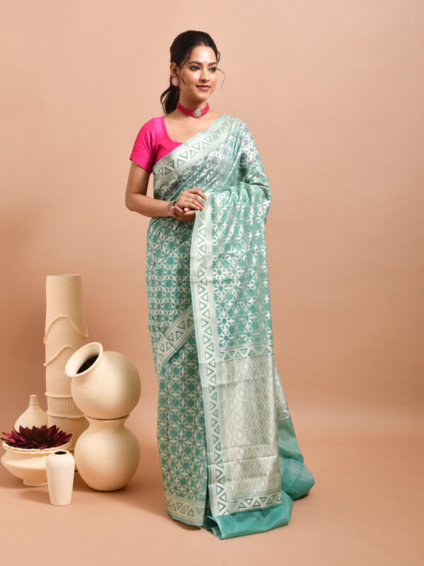 Sea Green Geometric Design Banaras Kora Silk Saree - Image 3