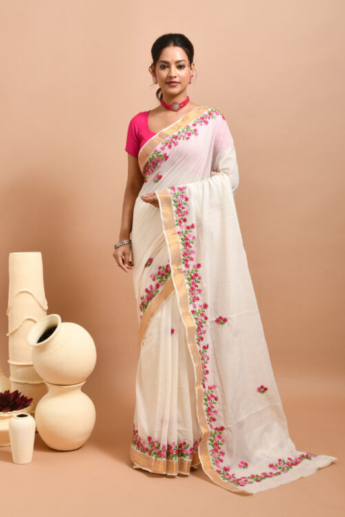 White Kerala Cotton Saree with Spring Flowers Design Hand Embroidery