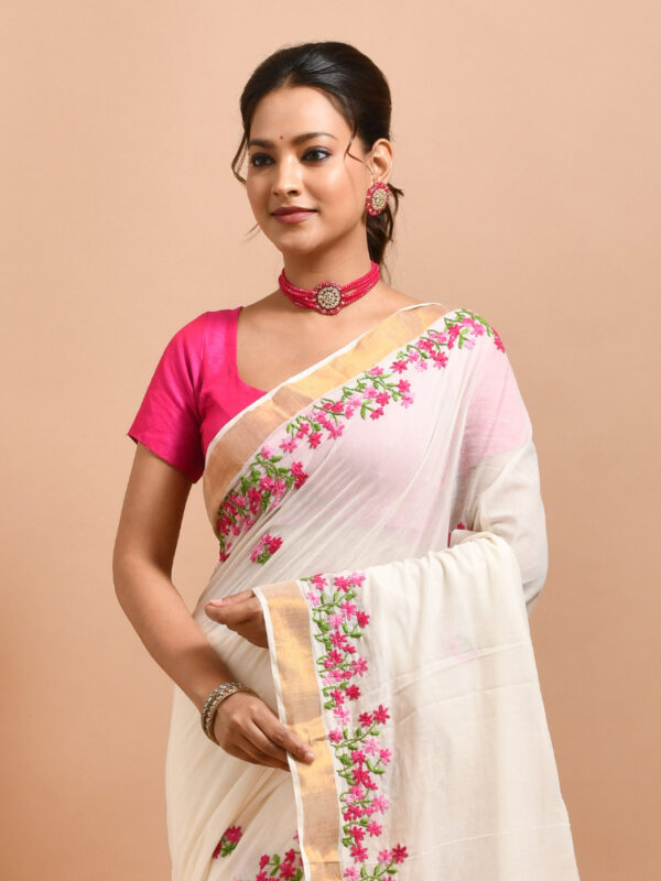 White Kerala Cotton Saree with Spring Flowers Design Hand Embroidery - Image 5