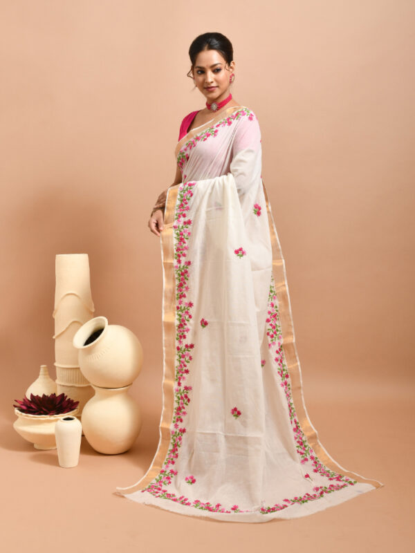 White Kerala Cotton Saree with Spring Flowers Design Hand Embroidery - Image 4