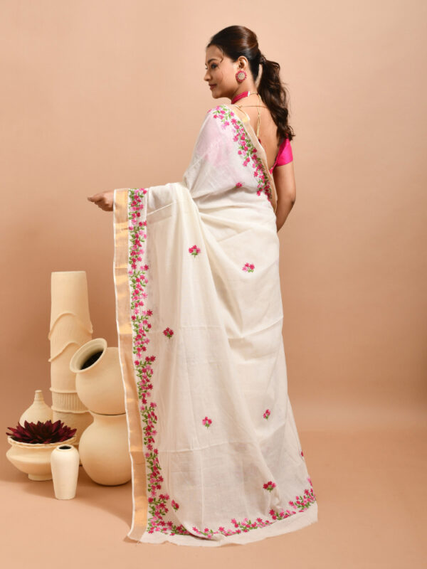 White Kerala Cotton Saree with Spring Flowers Design Hand Embroidery - Image 2
