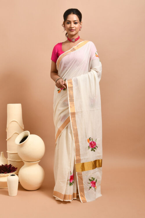 White Kerala Cotton Saree with Rose Design Hand Embroidery