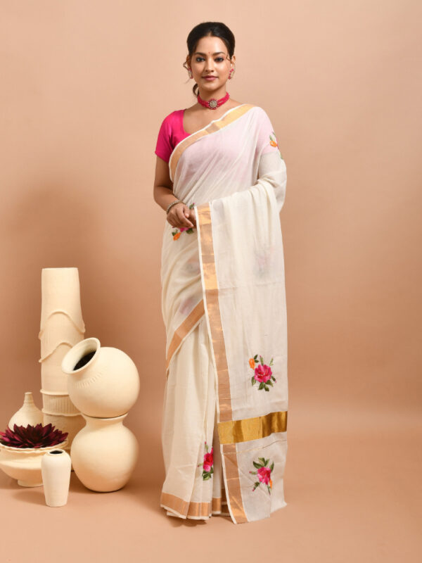 White Kerala Cotton Saree with Rose Design Hand Embroidery