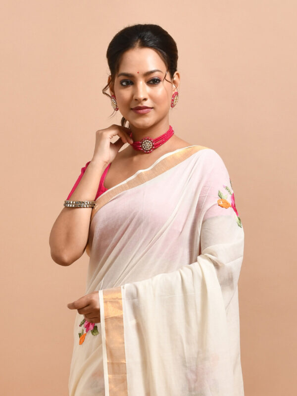 White Kerala Cotton Saree with Rose Design Hand Embroidery - Image 5