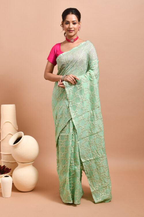 Sea Green Floral Jaal Design Organza Saree
