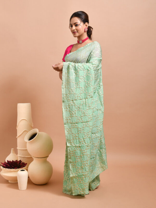 Sea Green Floral Jaal Design Organza Saree - Image 4