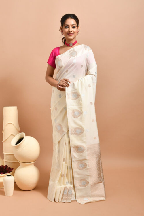 Off-White Kolki Design Banaras Semi Silk Saree