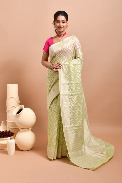 Light Green Leaf Design Banaras Kora Silk Saree