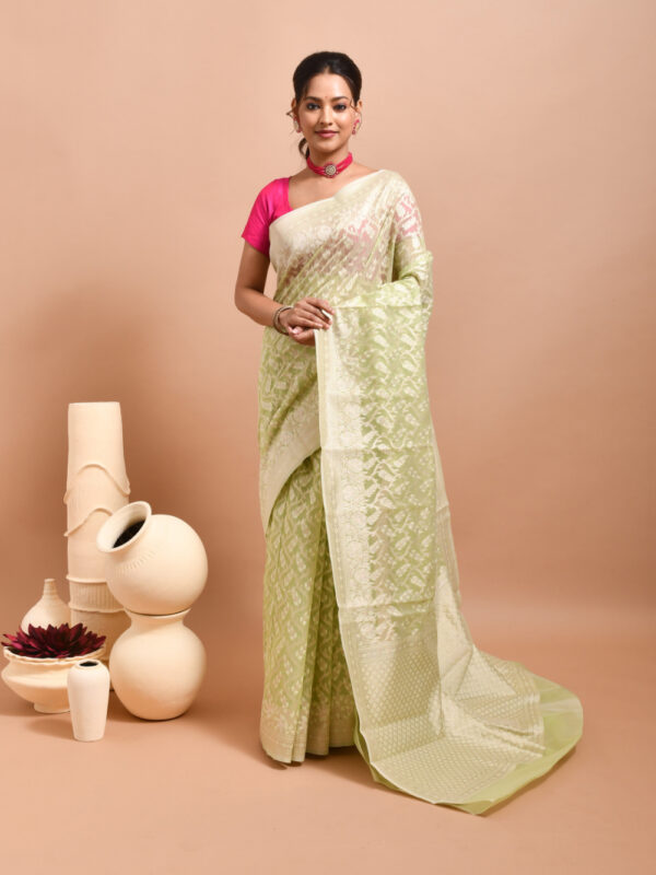 Light Green Leaf Design Banaras Kora Silk Saree