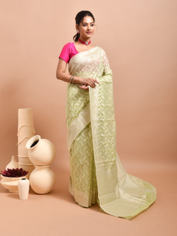 Light Green Leaf Design Banaras Kora Silk Saree - Image 3