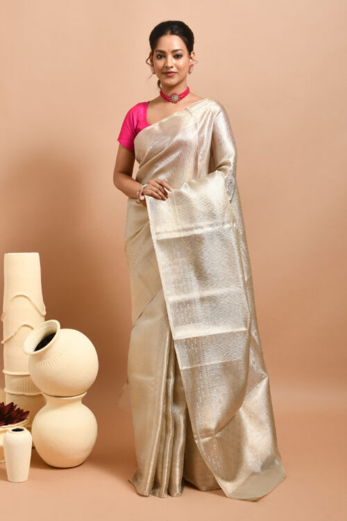 Silver Geometric Design Banaras Tissue Silk Saree