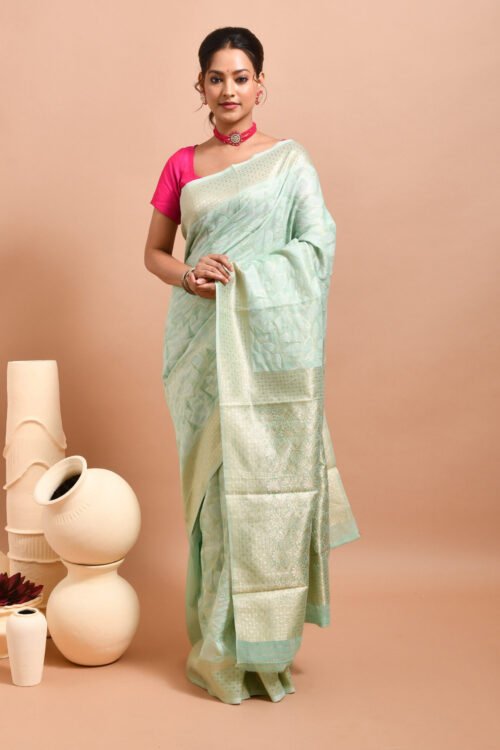Sea Green Floral Design Banaras Linen Saree