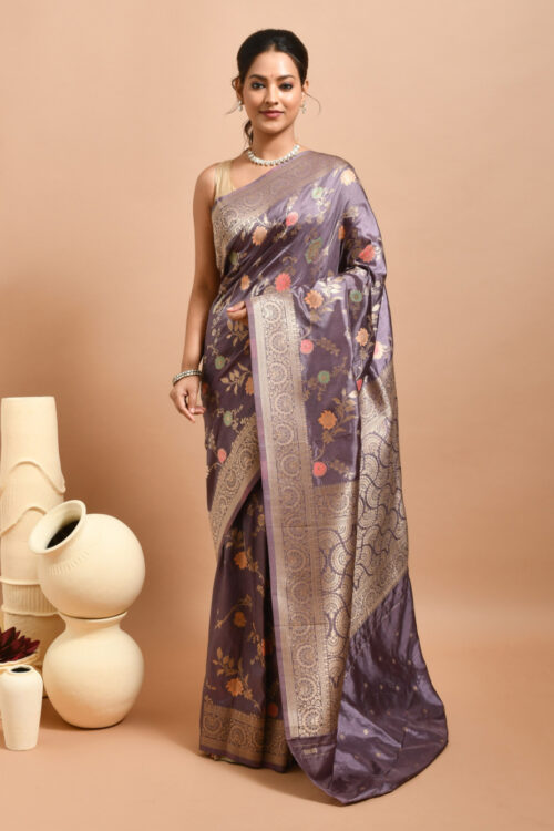 Wine Floral Jaal Design Banaras Katan Satin Silk Saree