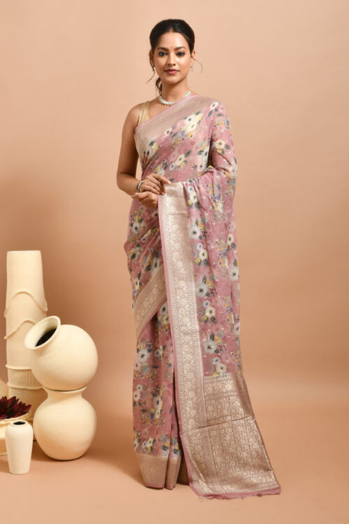 Pink Floral Printed Banaras Khaddi Georgette Saree