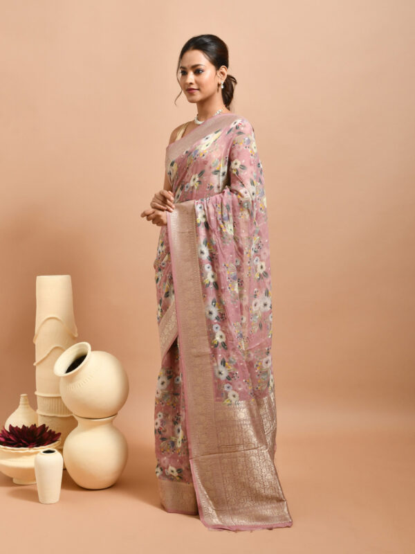 Pink Floral Printed Banaras Khaddi Georgette Saree - Image 4