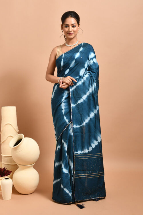 Blue Shibori Design Pure Cotton Saree with Sequin Work