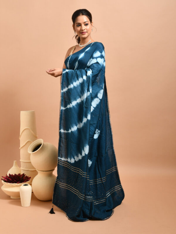 Blue Shibori Design Pure Cotton Saree with Sequin Work - Image 4