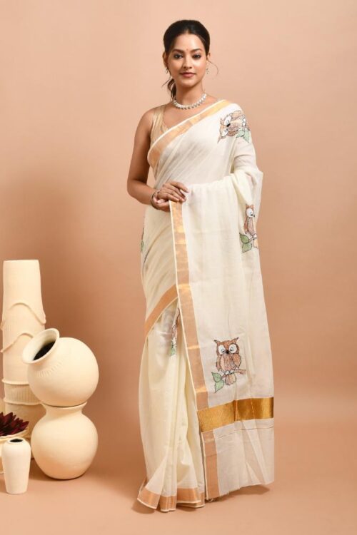 White Kerala Cotton Saree with Owl Design Hand Embroidery