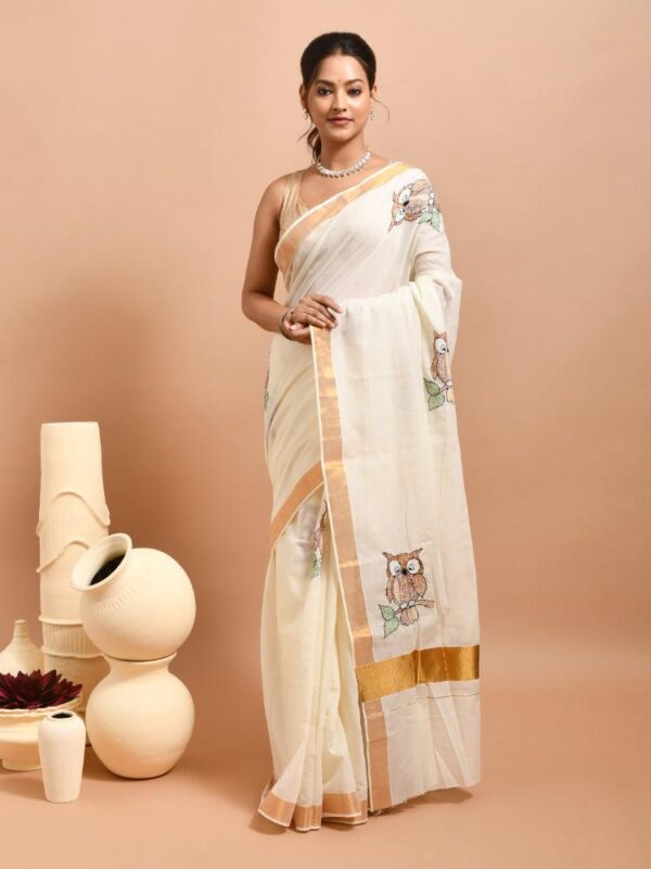 White Kerala Cotton Saree with Owl Design Hand Embroidery