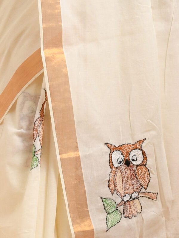 White Kerala Cotton Saree with Owl Design Hand Embroidery - Image 7