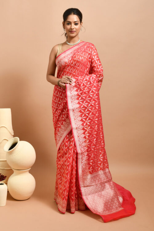 Red Leaf Jaal Design Banaras Kora Silk Saree
