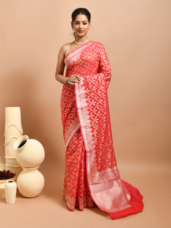 Red Leaf Jaal Design Banaras Kora Silk Saree