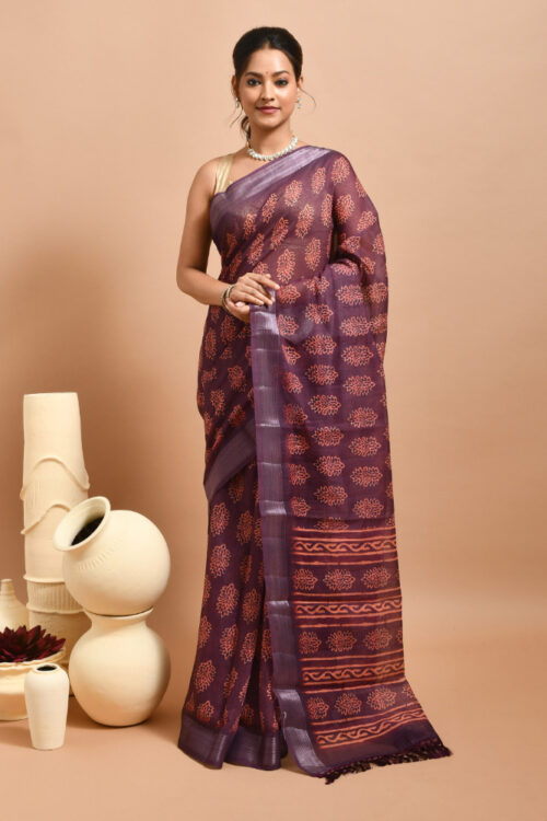 Maroon Floral Design Kanchipuram Linen Saree