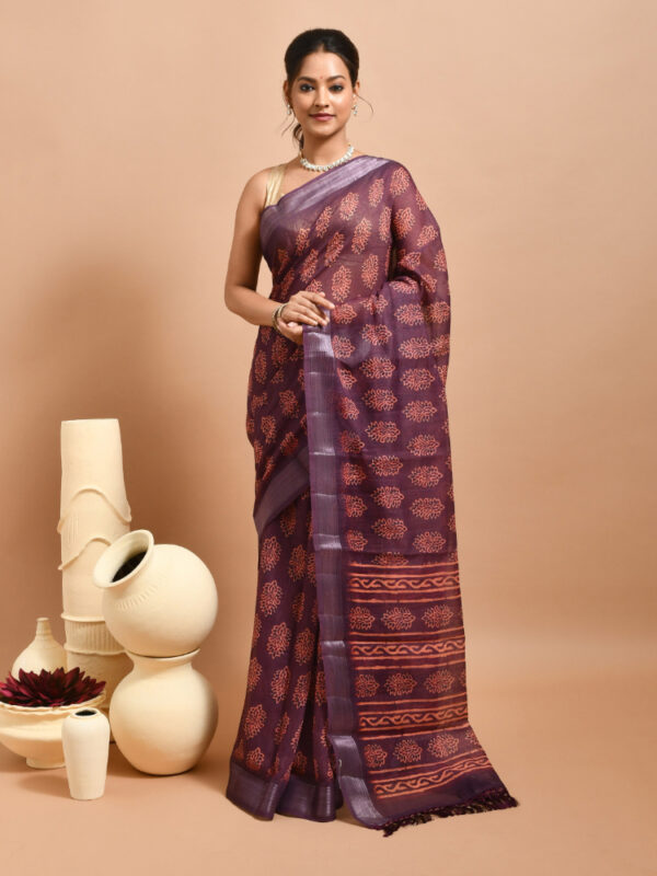 Maroon Floral Design Kanchipuram Linen Saree