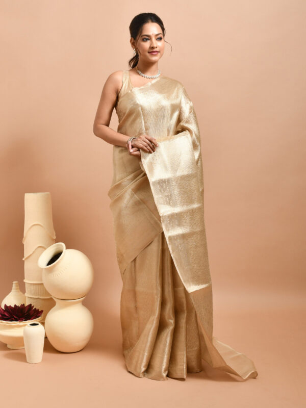 Golden Geometric Design Banaras Tissue Silk Saree - Image 3
