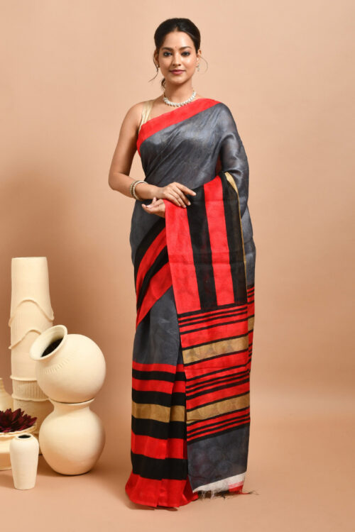 Grey Striped Mysore Cotton Silk Saree
