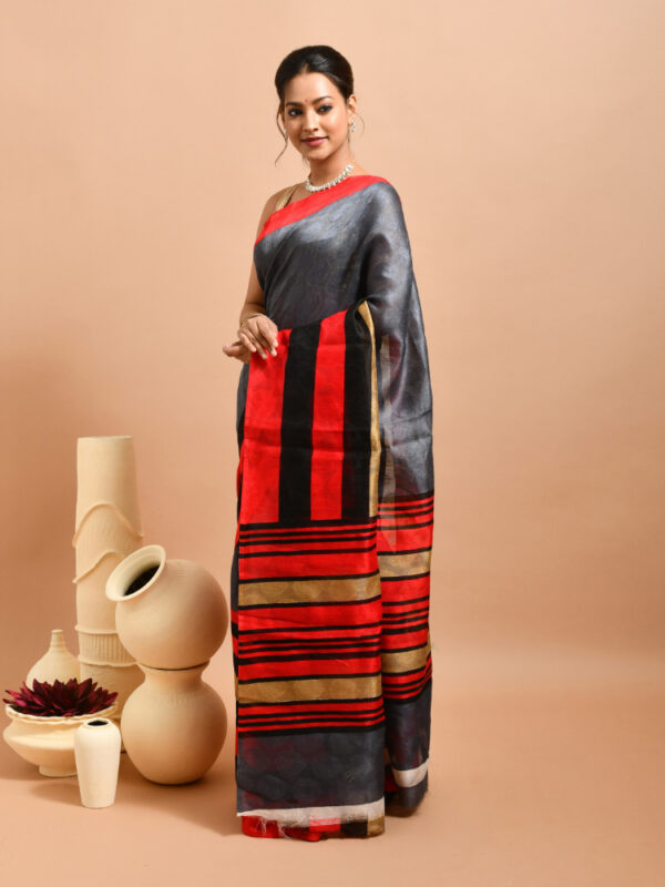 Grey Striped Mysore Cotton Silk Saree - Image 4