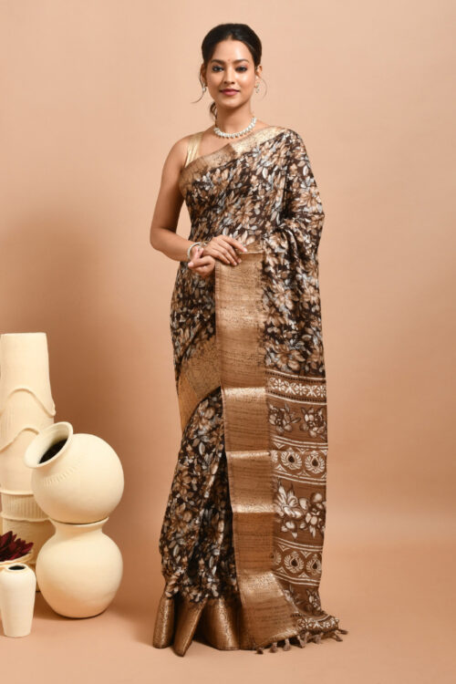 Brown Floral Printed Semi Ghicha Silk Saree
