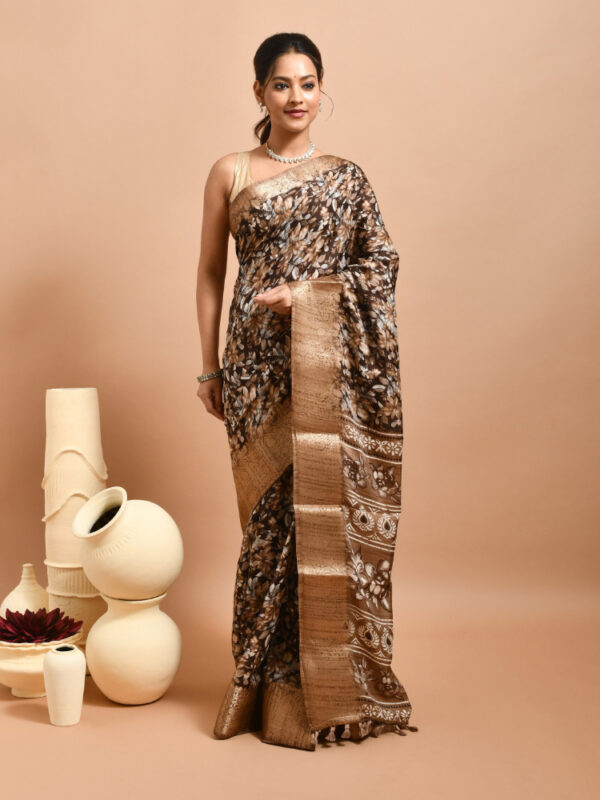 Brown Floral Printed Semi Ghicha Silk Saree - Image 3
