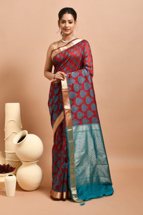 Maroon Paisley Design Manipuri Semi Silk Saree