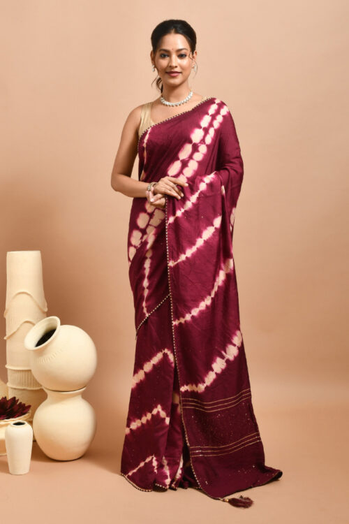 Maroon Shibori Design Pure Cotton Saree with Sequin Work