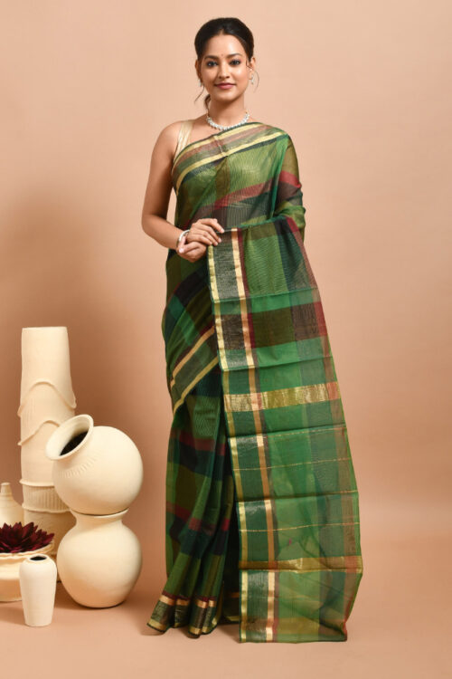 Green South Cotton Silk Saree with Check Design