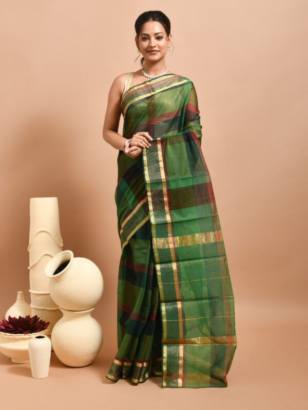 Green South Cotton Silk Saree with Check Design