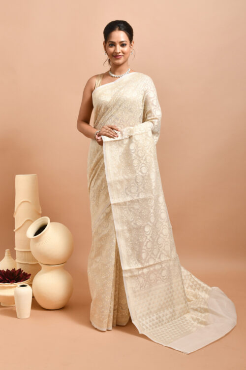 White Floral Jaal Design Banaras Kora Silk Saree