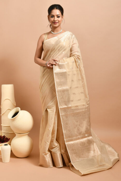 Off-White Leaf Design Banaras Cotton Silk Saree