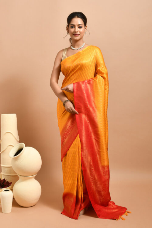 Golden Leaf Design Semi Silk Kanjeevaram Saree with Red Border
