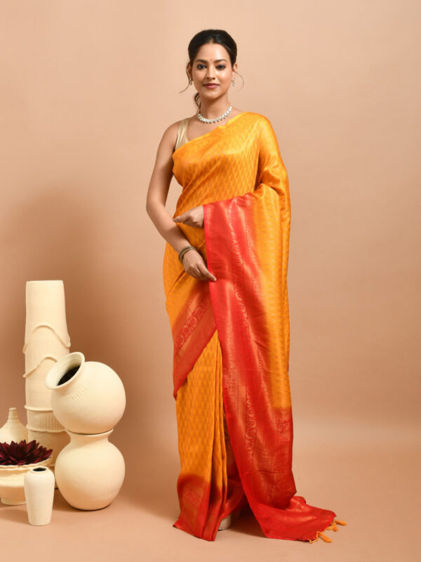 Golden Leaf Design Semi Silk Kanjeevaram Saree with Red Border