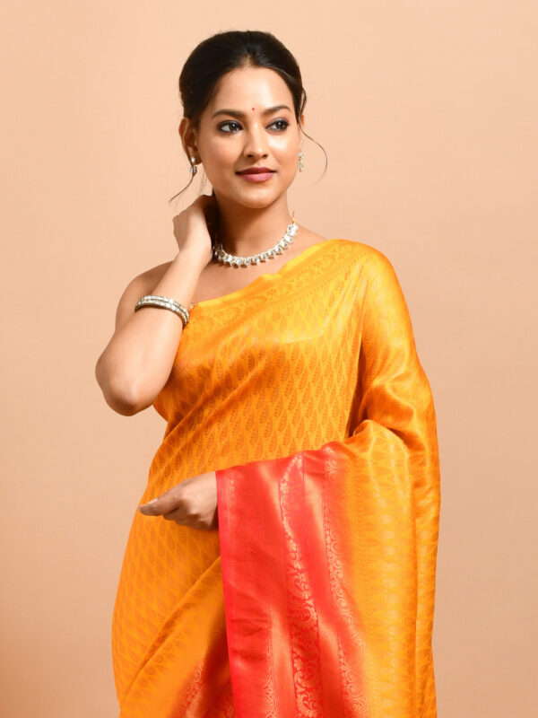 Golden Leaf Design Semi Silk Kanjeevaram Saree with Red Border - Image 5