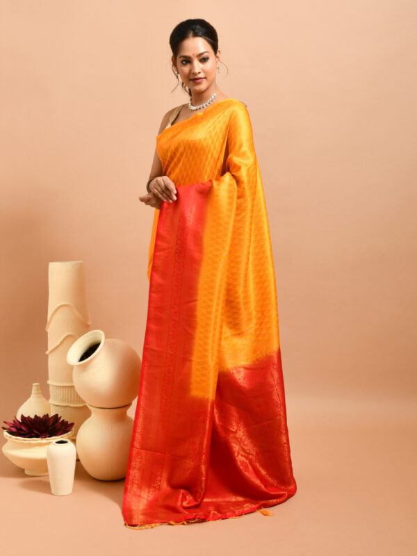 Golden Leaf Design Semi Silk Kanjeevaram Saree with Red Border - Image 4