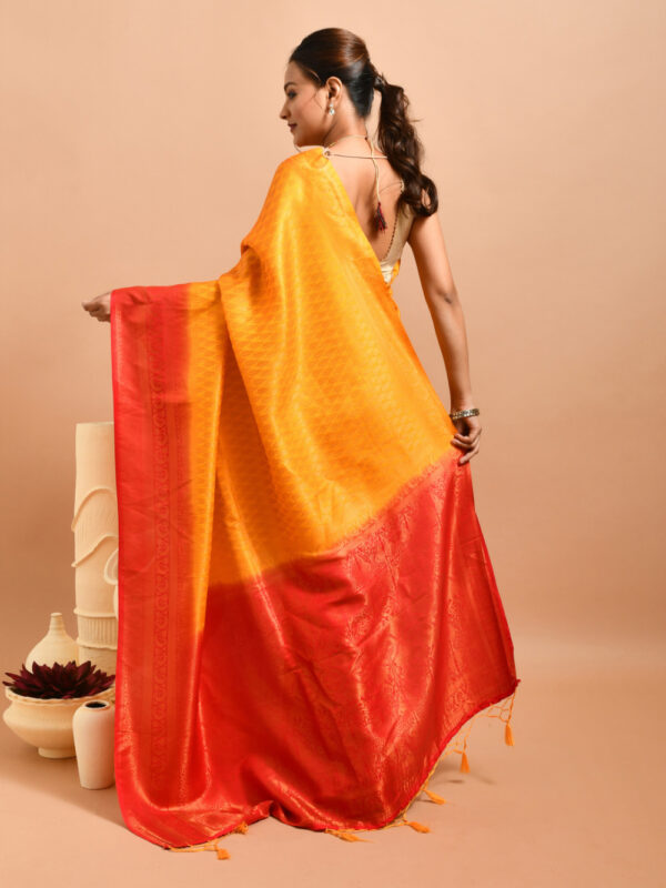 Golden Leaf Design Semi Silk Kanjeevaram Saree with Red Border - Image 2