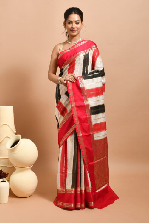 White Striped Banaras Semi Silk Saree