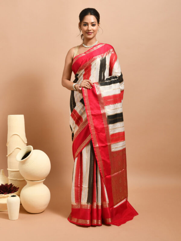 White Striped Banaras Semi Silk Saree