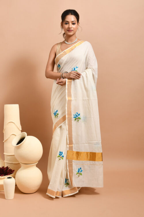 White Kerala Cotton Saree with Lotus Design Hand Embroidery