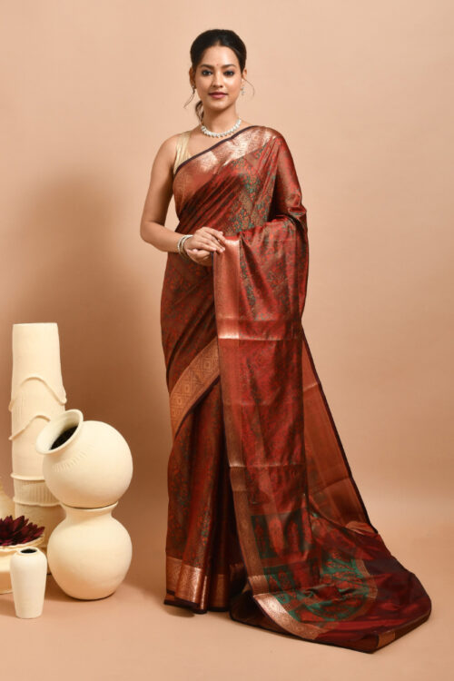 Brown Tanchui Design Banaras Semi Silk Saree